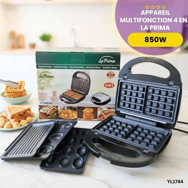 Appareil Multifonction 4 en 1 – Panini, Gaufre, Donut & Grill | 850W